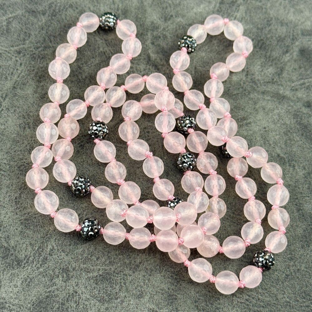 Faceted Rose Quartz Beaded Natural Stone Necklace 19" Soft Pink Black Elegant